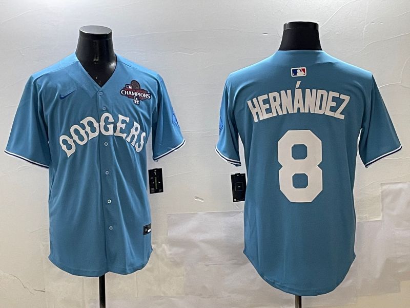 Men Los Angeles Dodgers #8 Hernandez Light Blue Throwback Game 2025 Nike MLB Jersey style 4